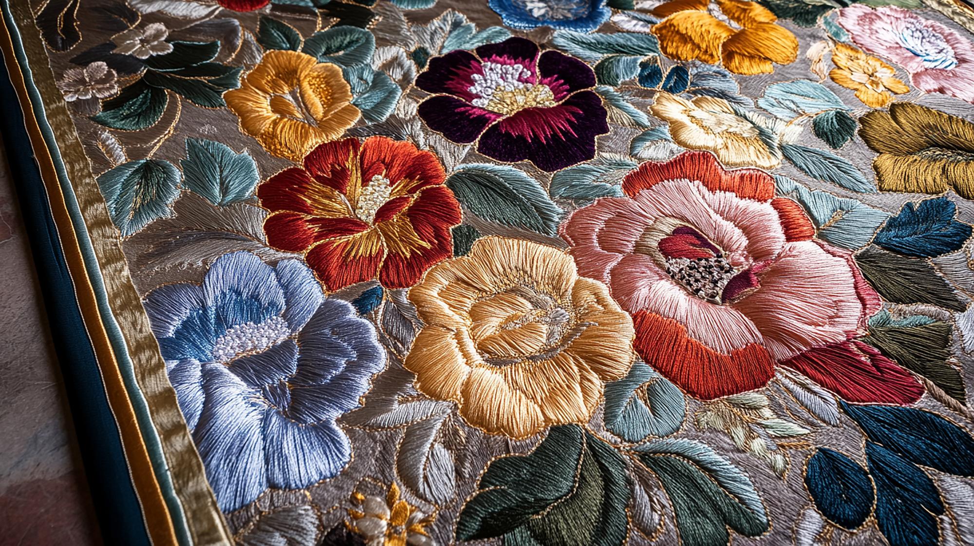tapiserie brodată cu motive florale mari